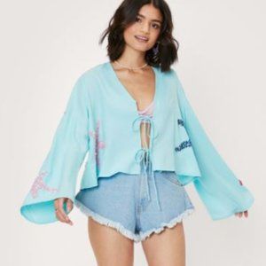NWT Nasty Gal Blue Icon Starfish Sequins Tie Front Top Size US 4